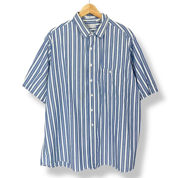 Vintage 90s Striped Shirt Button-Up Men FLAWS Short Sleeves Blue White Vertical - Picture 1 of 13